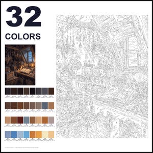 May include: A paint-by-numbers kit featuring a detailed line drawing of an attic room with a desk, open book, and window. The set includes a small color reference image, a numbered outline canvas, and a palette of 32 distinct paint colors.