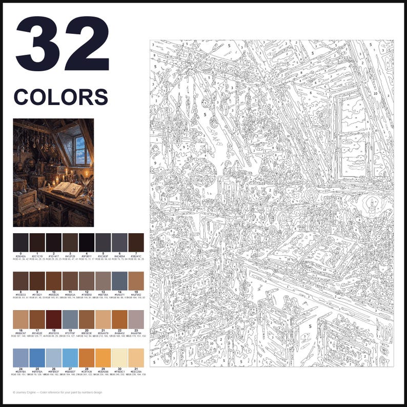 May include: A paint-by-numbers kit featuring a detailed line drawing of an attic room with a desk, open book, and window. The set includes a small color reference image, a numbered outline canvas, and a palette of 32 distinct paint colors.