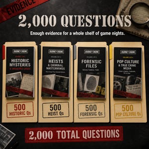May include: A set of four Journey Engine game volumes titled Historic Mysteries, Heists & Criminal Masterminds, Forensic Files, and Pop Culture & True Crime Media. Each black book is housed in a tan file folder with 500 questions per volume.