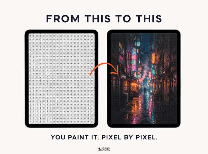 May include: Two tablets displaying a transformation process. The left tablet shows a grid of small letters, while the right tablet displays a vibrant, detailed night scene of a rain-slicked city street with neon lights. Text reads: FROM THIS TO THIS and YOU PAINT IT. PIXEL BY PIXEL.