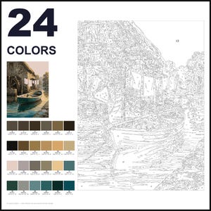 May include: A paint-by-numbers kit featuring a 24-color palette and a line drawing of a water mill with a boat docked in front. The design includes a small reference image of the finished scene, numbered sections for painting, and a grid of color swatches.