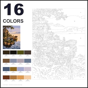 May include: A paint-by-numbers kit featuring a landscape of a small cabin on a floating island with a waterfall and a boat. The sheet includes a numbered outline, a small color reference image, and a palette of 16 colors labeled 0 through 15.