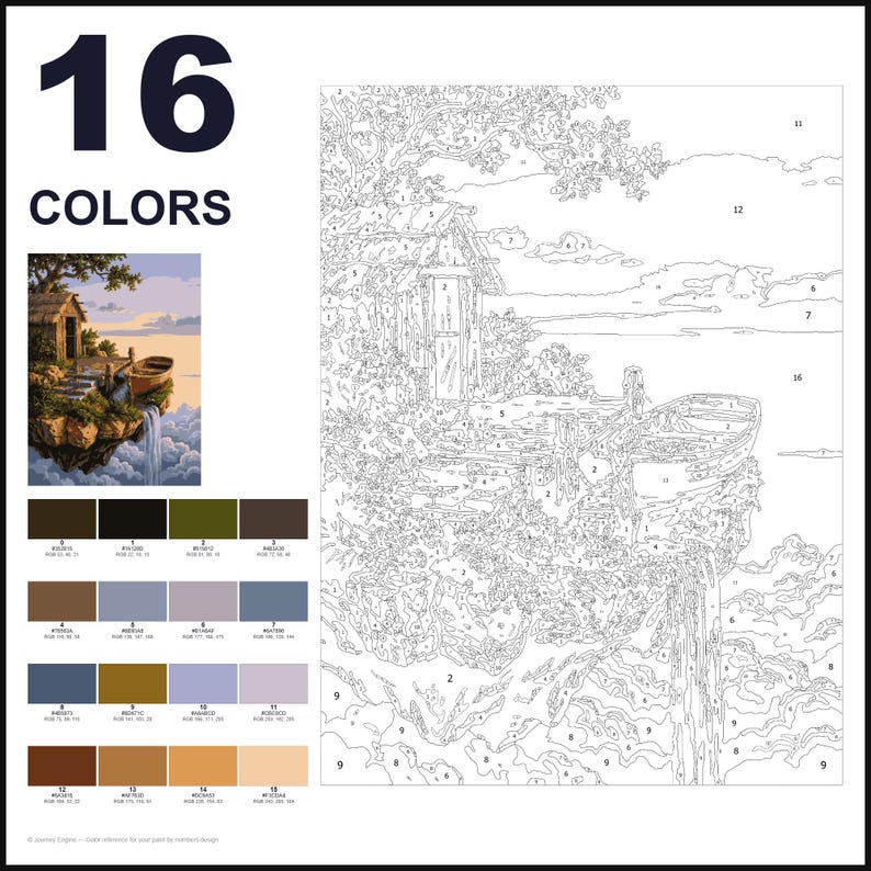 May include: A paint-by-numbers kit featuring a landscape of a small cabin on a floating island with a waterfall and a boat. The sheet includes a numbered outline, a small color reference image, and a palette of 16 colors labeled 0 through 15.