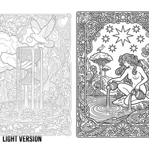 May include: Two black and white line art illustrations for coloring. The left panel shows a hand emerging from clouds holding a chalice with a dove above. The right panel depicts a figure pouring water from two pitchers into a pond under stars.