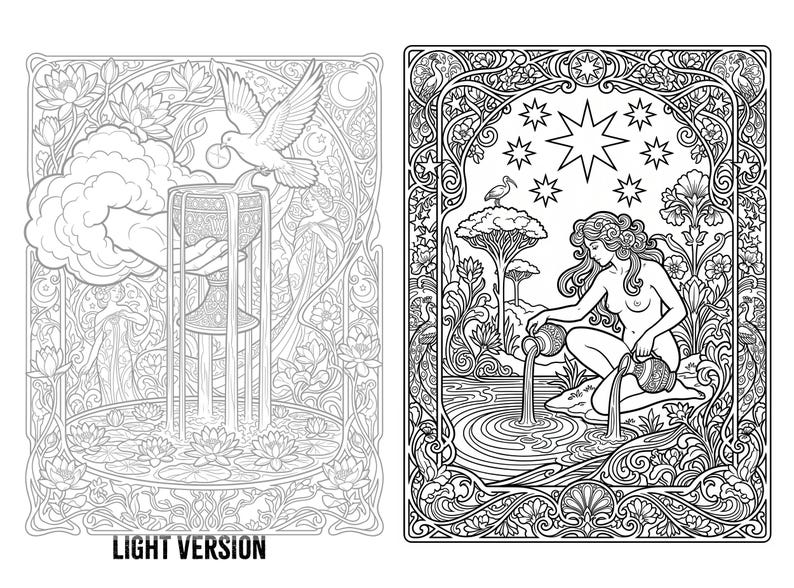 May include: Two black and white line art illustrations for coloring. The left panel shows a hand emerging from clouds holding a chalice with a dove above. The right panel depicts a figure pouring water from two pitchers into a pond under stars.