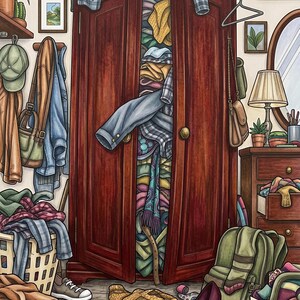 Op de afbeelding: Een gedetailleerde illustratie van een donkerhouten kledingkast die uitpuilt van diverse gevouwen kledingstukken, omringd door verspreide kleding, een wasmand, een groene rugzak, bordeauxrode pumps en rode sneakers op de vloer.