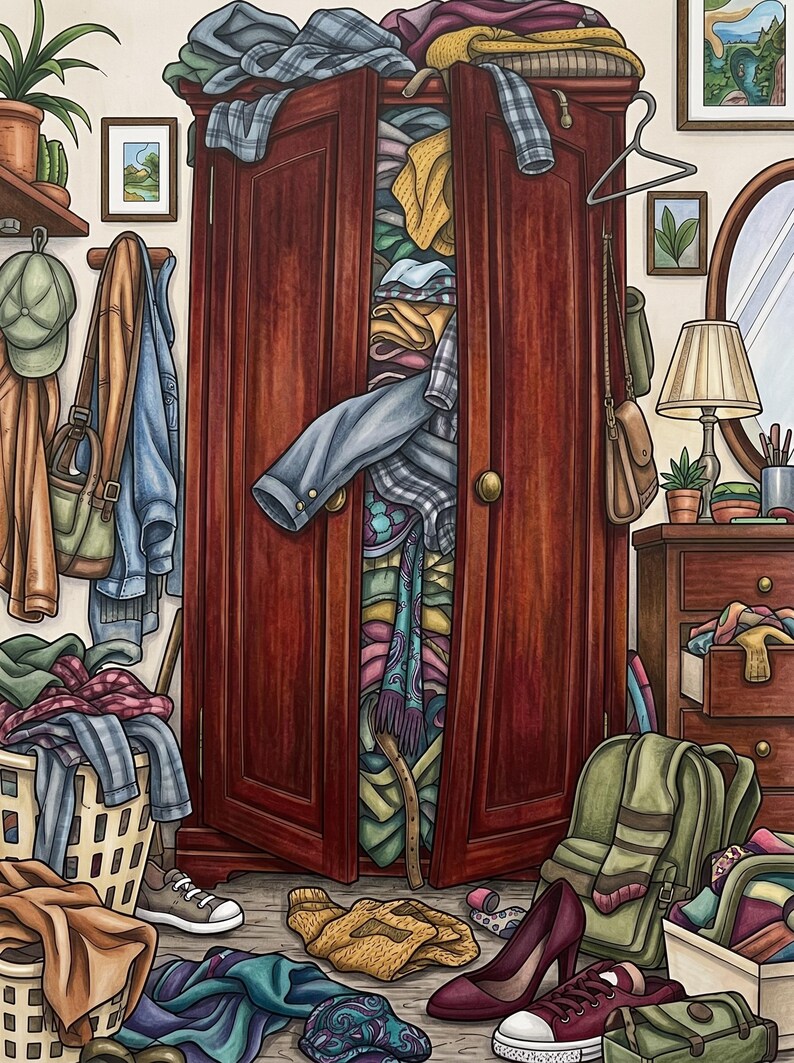 Op de afbeelding: Een gedetailleerde illustratie van een donkerhouten kledingkast die uitpuilt van diverse gevouwen kledingstukken, omringd door verspreide kleding, een wasmand, een groene rugzak, bordeauxrode pumps en rode sneakers op de vloer.