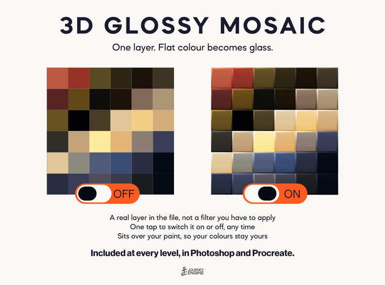 May include: A digital graphic titled 3D GLOSSY MOSAIC showing two grids of colored squares. The left grid is flat, labeled OFF. The right grid appears as glossy glass tiles, labeled ON. Text includes: One layer. Flat colour becomes glass.