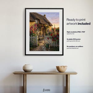 May include: A framed wall art print depicting a thatched-roof cottage with a stone path, a white picket fence, and vibrant pink and red flowers. The text reads: Ready to print artwork included, High-resolution PNG + PDF sized for A3, Scalable SVG poster print up to 24x36 inches, No numbers, no outlines just the finished art.