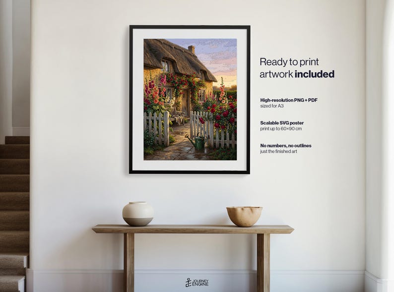 May include: A framed wall art print depicting a thatched-roof cottage with a stone path, a white picket fence, and vibrant pink and red flowers. The text reads: Ready to print artwork included, High-resolution PNG + PDF sized for A3, Scalable SVG poster print up to 24x36 inches, No numbers, no outlines just the finished art.