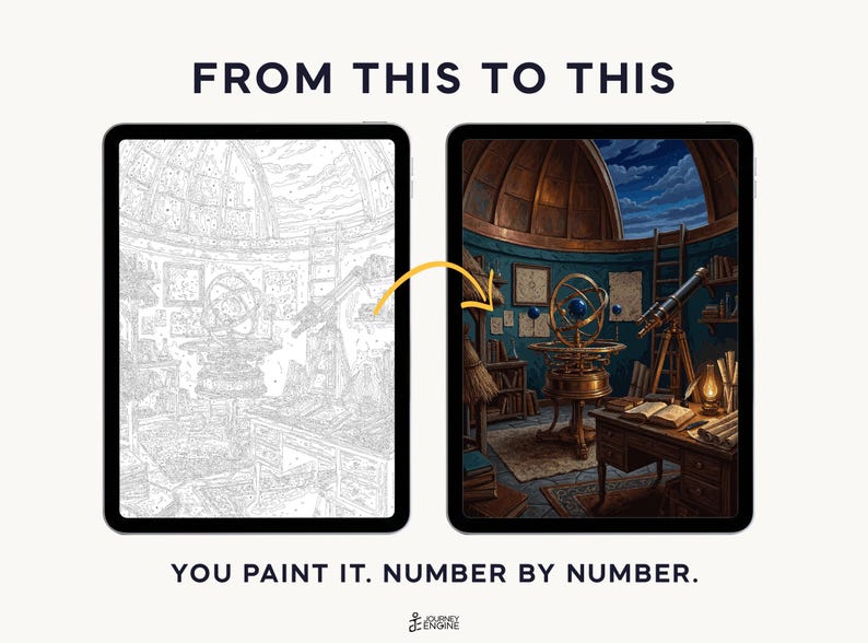 May include: Two digital tablets displaying a paint-by-number process. The left tablet shows a grayscale line art sketch of an observatory. The right tablet shows the completed, full-color version. Text reads: FROM THIS TO THIS. YOU PAINT IT. NUMBER BY NUMBER.