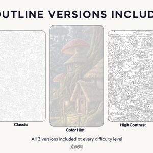 May include: Three rectangular paint-by-number templates labeled Classic, Color Hint, and High Contrast. The Classic and High Contrast versions feature black line art on white, while the Color Hint version shows a faded mushroom house scene.