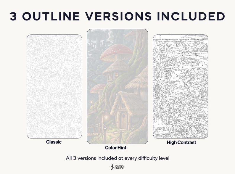 May include: Three rectangular paint-by-number templates labeled Classic, Color Hint, and High Contrast. The Classic and High Contrast versions feature black line art on white, while the Color Hint version shows a faded mushroom house scene.
