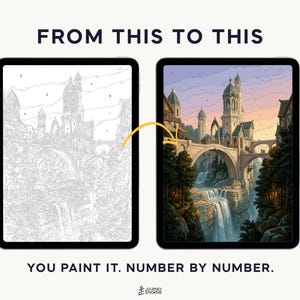 May include: Two tablets displaying a digital paint-by-number activity. The left screen shows a grayscale line drawing of a castle and waterfall with numbered sections. The right screen shows the completed, full-color version of the same scene.
