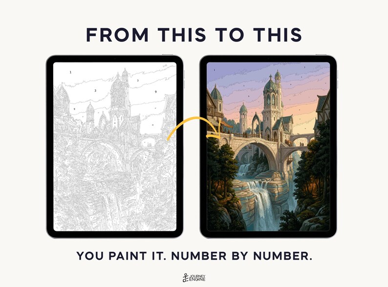 May include: Two tablets displaying a digital paint-by-number activity. The left screen shows a grayscale line drawing of a castle and waterfall with numbered sections. The right screen shows the completed, full-color version of the same scene.