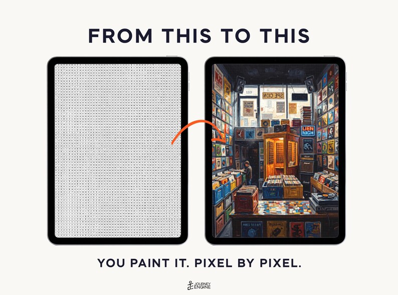 May include: Two tablets displaying a transformation process. The left tablet shows a grid of small letters, while the right tablet displays a detailed, colorful illustration of a record store interior. Text reads FROM THIS TO THIS and YOU PAINT IT. PIXEL BY PIXEL.