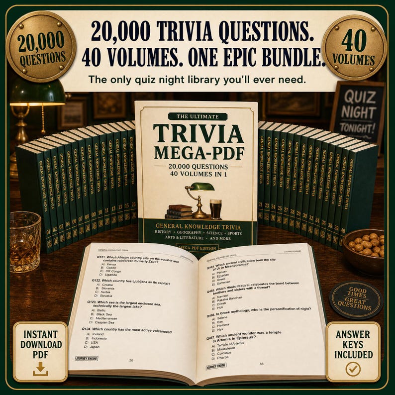 Puede incluir: Un paquete digital con 20.000 preguntas de trivia en 40 vol&uacute;menes. La portada del libro central dice The Ultimate Trivia Mega-PDF, 20.000 Questions, 40 Volumes in 1. Un libro abierto muestra preguntas de opci&oacute;n m&uacute;ltiple en p&aacute;ginas blancas.