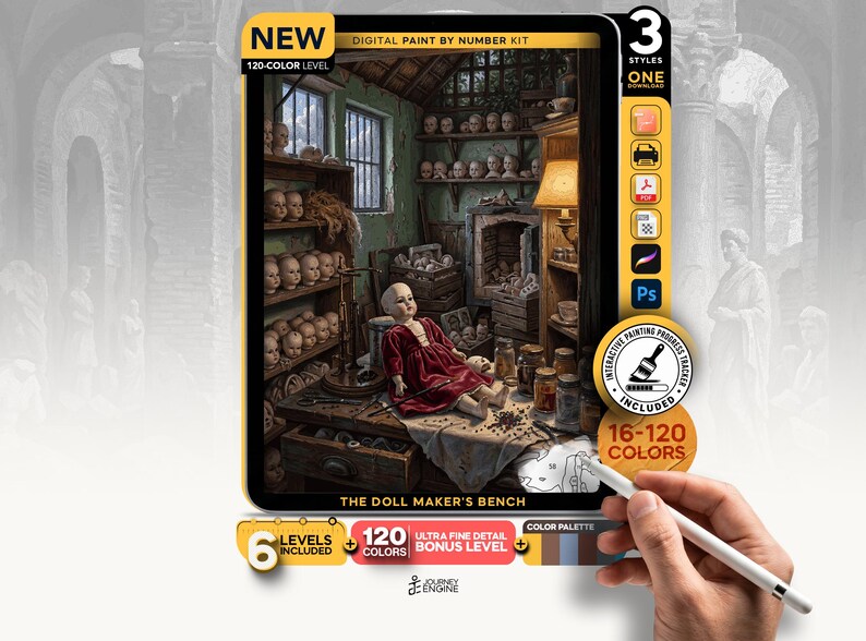 May include: A digital paint by number kit titled The Doll Maker's Bench featuring a workshop scene with shelves of doll heads and a doll in a red dress on a workbench. The graphic includes text labels for 120 colors, 3 styles, and an interactive tracker.
