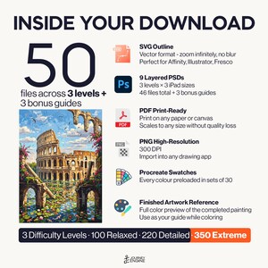 May include: A digital download package containing 50 files across 3 levels and 3 bonus guides. Includes SVG outlines, 9 layered PSDs, PDF print-ready files, high-resolution PNGs, Procreate swatches, and a finished artwork reference of the Colosseum.