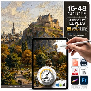 Edinburgh Malen nach Zahlen Digital | 4 Farbstufen 16-48 Farben | Svg Pdf Png | Schottland-Schloss Old Town Skyline-Reisen Färbung