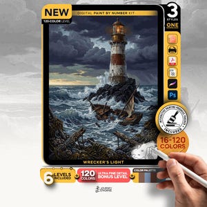 May include: A digital paint by number kit titled Wrecker's Light featuring a lighthouse on a rocky island amidst a stormy sea with a shipwreck. The kit includes 120 colors, 6 levels, an interactive progress tracker, and multiple file formats.