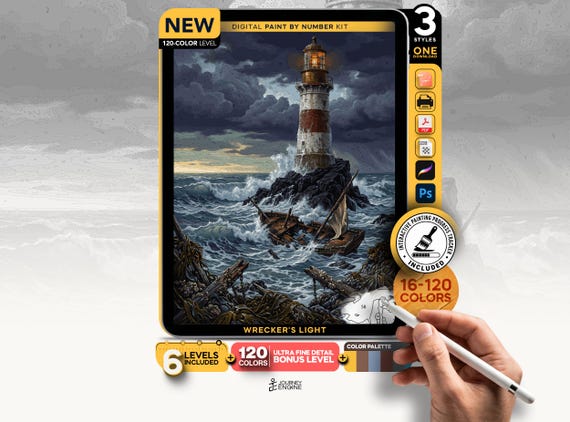 Lighthouse Storm paint by numbers digital kit, Coastal Shipwreck Ocean Art