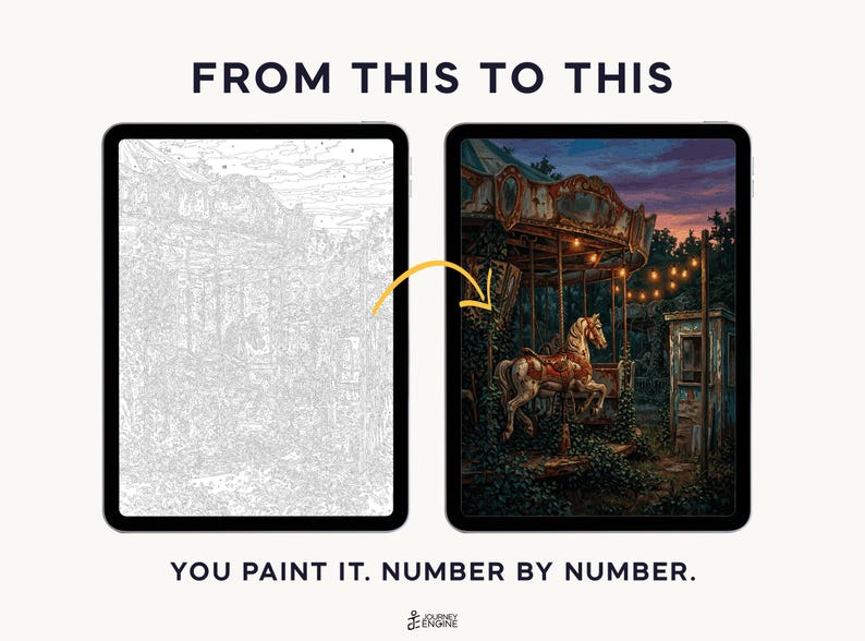 May include: Two tablets displaying a digital paint-by-number project. The left screen shows a grayscale line art outline of a carousel, while the right screen shows the completed, full-color version. Text reads: FROM THIS TO THIS. YOU PAINT IT. NUMBER BY NUMBER.