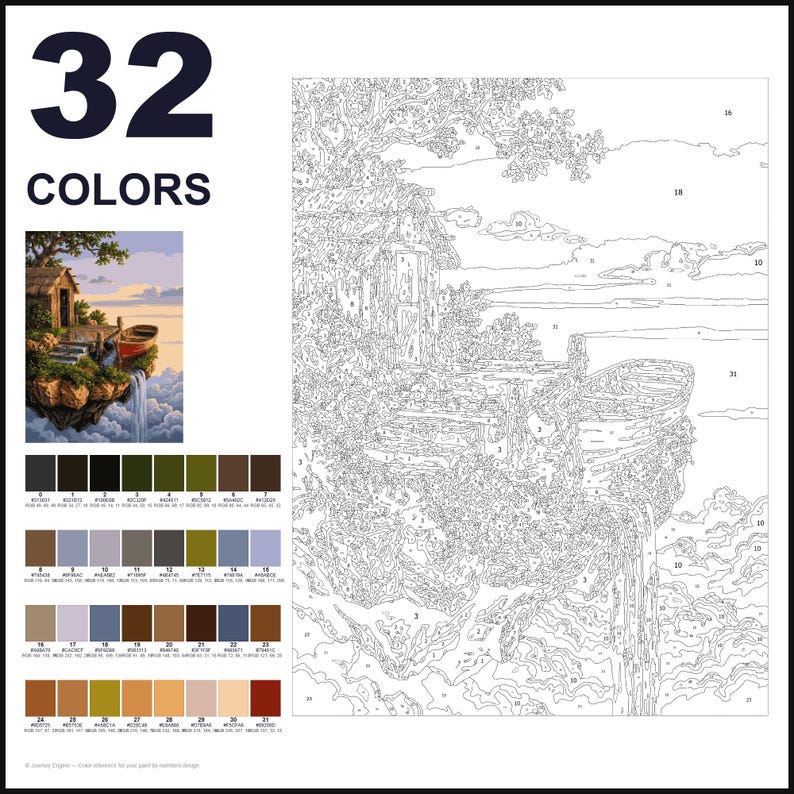 May include: A paint-by-numbers kit featuring a landscape of a floating island with a small cabin, a boat, and a waterfall. The set includes a numbered outline drawing and a color palette of 32 distinct shades labeled with numbers 1 through 32.
