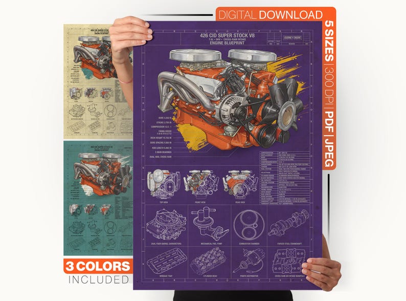 May include: A purple digital blueprint poster of a 426 CID Super Stock V8 engine. The graphic features a detailed orange engine illustration with silver headers, black fan, and technical specifications, diagrams, and labels in white text.