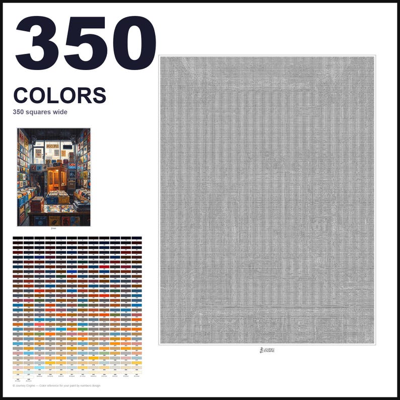 May include: A paint-by-numbers kit featuring a record store scene, labeled 350 COLORS and 350 squares wide. It includes a small color reference image, a large grid of 350 numbered color swatches, and a large gray-scale canvas with numbered outlines.