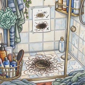 May include: A coloured pencil illustration of a bathroom shower stall with a drain clogged by a large mass of brown hair. A sign on the tiled wall shows a clean drain with a tick and a clogged drain with an X. Various toiletries, brushes, and towels are visible.
