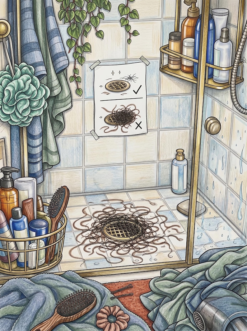 May include: A coloured pencil illustration of a bathroom shower stall with a drain clogged by a large mass of brown hair. A sign on the tiled wall shows a clean drain with a tick and a clogged drain with an X. Various toiletries, brushes, and towels are visible.