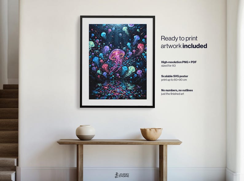 May include: A framed digital art print featuring a vibrant underwater scene filled with glowing pink, blue, and purple jellyfish against a dark background. The text on the right specifies ready to print artwork, high-resolution PNG and PDF files sized for A3, and a scalable SVG poster for prints up to 60 by 90 cm.