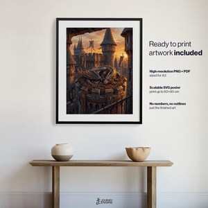 May include: A framed digital art print featuring a dragon resting in a nest atop a stone castle tower at sunset. The text includes Ready to print artwork included, High-resolution PNG + PDF sized for A3, Scalable SVG poster print up to 60x90 cm.