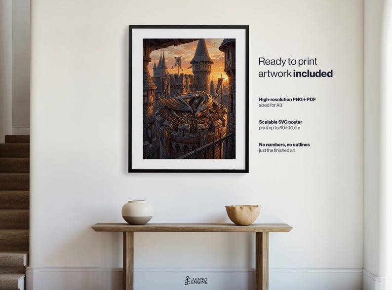 May include: A framed digital art print featuring a dragon resting in a nest atop a stone castle tower at sunset. The text includes Ready to print artwork included, High-resolution PNG + PDF sized for A3, Scalable SVG poster print up to 60x90 cm.