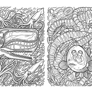 May include: A black and white coloring page featuring two distinct panels. The left panel shows a sperm whale surrounded by multiple squids and small fish. The right panel depicts a deep-sea fish with large eyes amidst various segmented worms.
