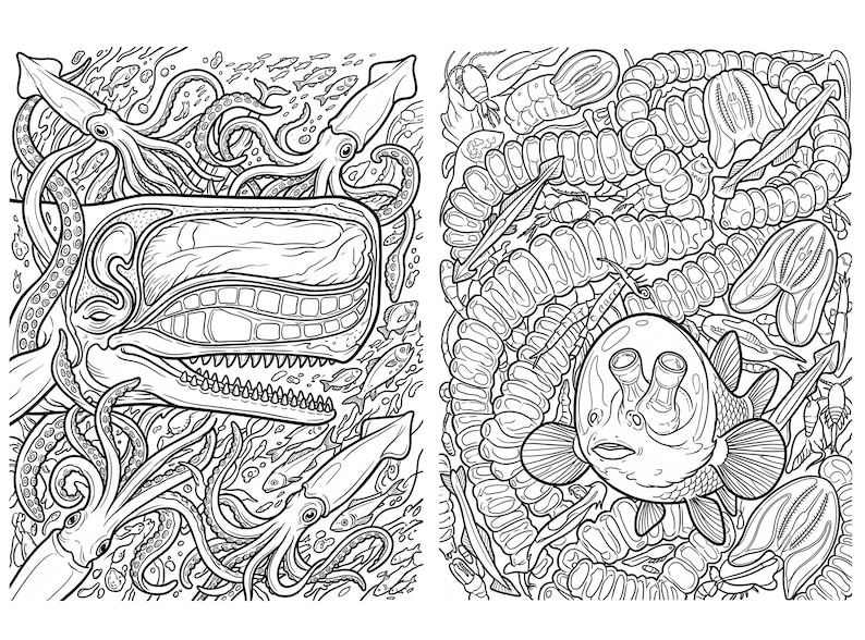 May include: A black and white coloring page featuring two distinct panels. The left panel shows a sperm whale surrounded by multiple squids and small fish. The right panel depicts a deep-sea fish with large eyes amidst various segmented worms.