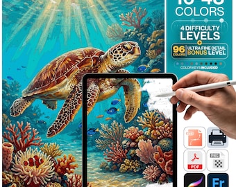 Sea Turtle Paint by Numbers Digital | 5 Levels 16-96 Colors | Svg Pdf Png Procreate | Caribbean Coral Reef Turtle Printable Wall Art