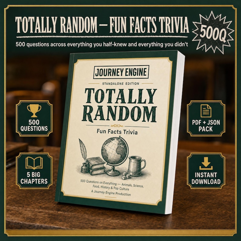 May include: A trivia book titled Totally Random Fun Facts Trivia by Journey Engine, featuring a cream cover with dark green text and illustrations of a globe, books, and a quill. The book contains 500 questions across five chapters.