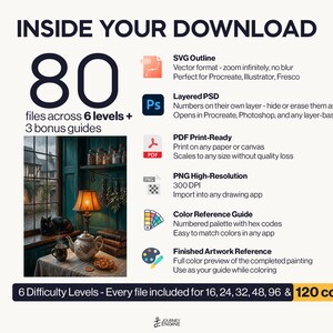 May include: A digital download package containing 80 files across 6 levels and 3 bonus guides. Includes SVG, layered PSD, PDF, high-resolution PNG, a color reference guide with hex codes, and a finished artwork reference for a cozy room scene.