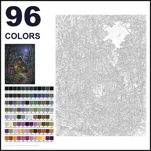 May include: A paint-by-numbers kit featuring 96 colors, a small reference image of a cottage in a forest at night with a crescent moon, and a large outlined canvas with numbered sections corresponding to the provided color palette chart.