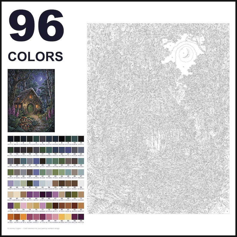 May include: A paint-by-numbers kit featuring 96 colors, a small reference image of a cottage in a forest at night with a crescent moon, and a large outlined canvas with numbered sections corresponding to the provided color palette chart.