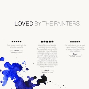 May include: A graphic display featuring the text LOVED BY THE PAINTERS in black, accompanied by three five-star reviews from customers named David and Merak. A vibrant blue and black watercolor paint splatter is positioned at the bottom left corner.