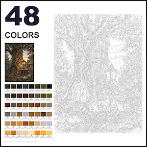 May include: A paint-by-numbers kit featuring a large tree with a built-in library, a glowing lantern, and a small door at the base. The set includes a numbered outline canvas, a reference image, and a palette of 48 distinct paint colors.