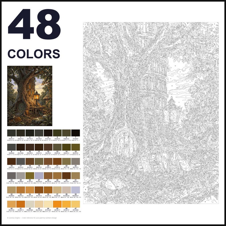 May include: A paint-by-numbers kit featuring a large tree with a built-in library, a glowing lantern, and a small door at the base. The set includes a numbered outline canvas, a reference image, and a palette of 48 distinct paint colors.