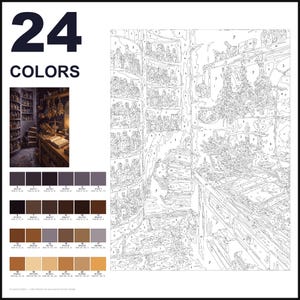 May include: A paint-by-numbers kit featuring a 24-color palette with corresponding RGB values, a small reference image of a potion shop interior, and a large numbered outline drawing of the same scene, including shelves, bottles, and herbs.