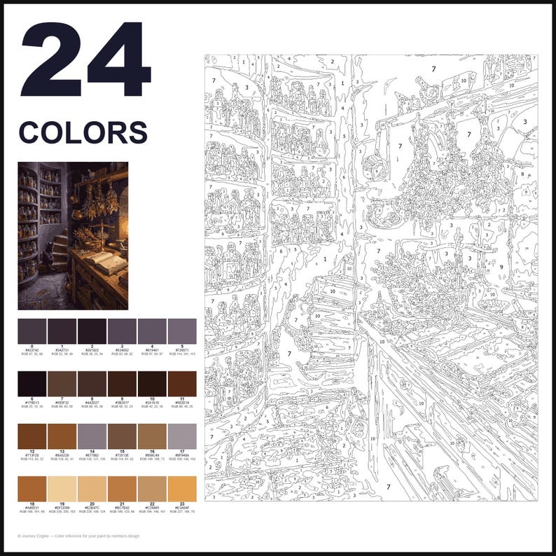 May include: A paint-by-numbers kit featuring a 24-color palette with corresponding RGB values, a small reference image of a potion shop interior, and a large numbered outline drawing of the same scene, including shelves, bottles, and herbs.