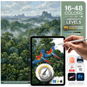 Puede incluir: Un kit digital de pintura por números con un paisaje de selva amazónica y guacamayos. La pantalla muestra 16-48 colores, 4 niveles de dificultad y un nivel extra de 96 colores. Incluye iconos de SVG, PDF, PNG, impresora y software.