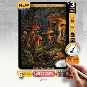 May include: A digital paint by number kit titled Toadstool Terrace featuring a forest scene with mushroom houses. The kit includes 120 colors, 3 styles, and an interactive progress tracker. The artwork displays detailed toadstools in a dark woodland.
