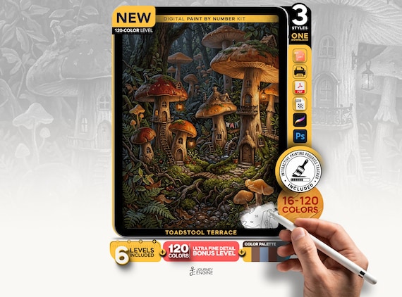Fairy Garden paint by numbers digital kit, Giant Toadstool Woodland Art